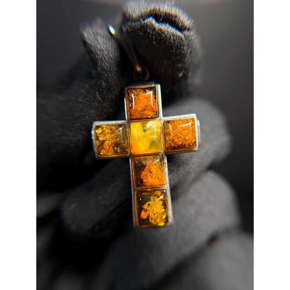 Amber Cross Pendant Sterling Silver Multi Color Butterscotch Honey Cognac
